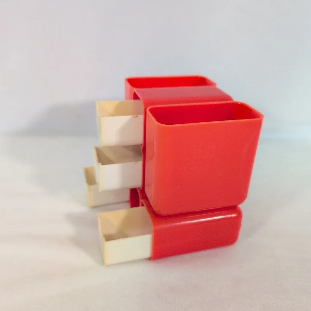 Vintage Atomic Red Desk Caddy - Pencil Holder Organizer - Mod 70s 4 Drawers